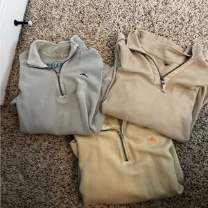 Three Quarter-Zip Pullovers in Light Blue, Beige, and Pale Yellow-BUNDLE